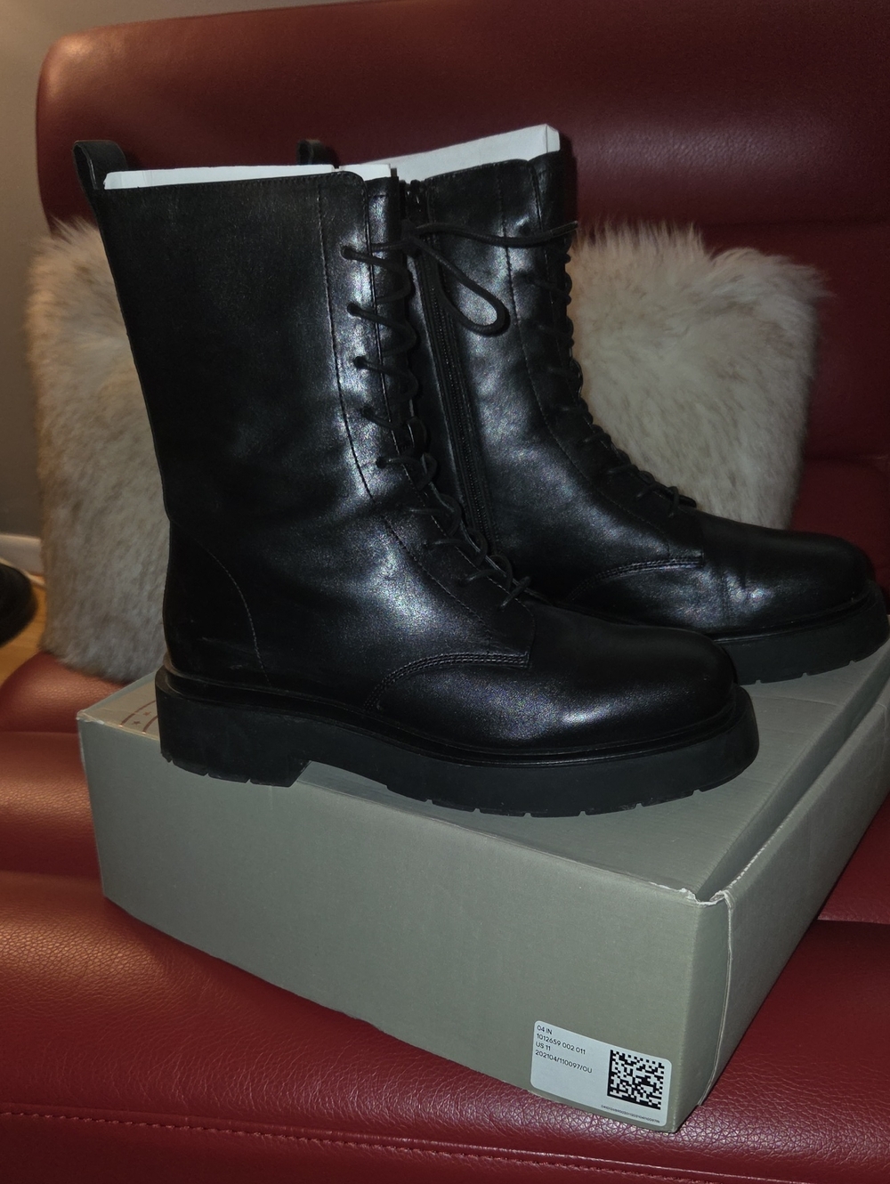 H&M Premium Genuine Leather Black Lace-Up Combat Boots with Side Zip